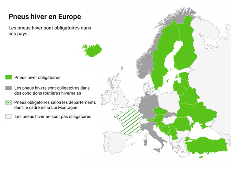 Carte européenne des pays où les pneus hiver sont obligatoire