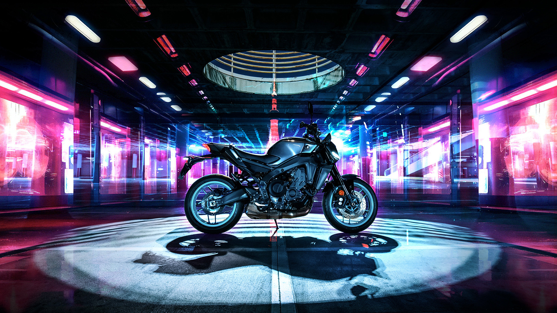 Yamaha MT-09 2024 : profil droit statique devant néons