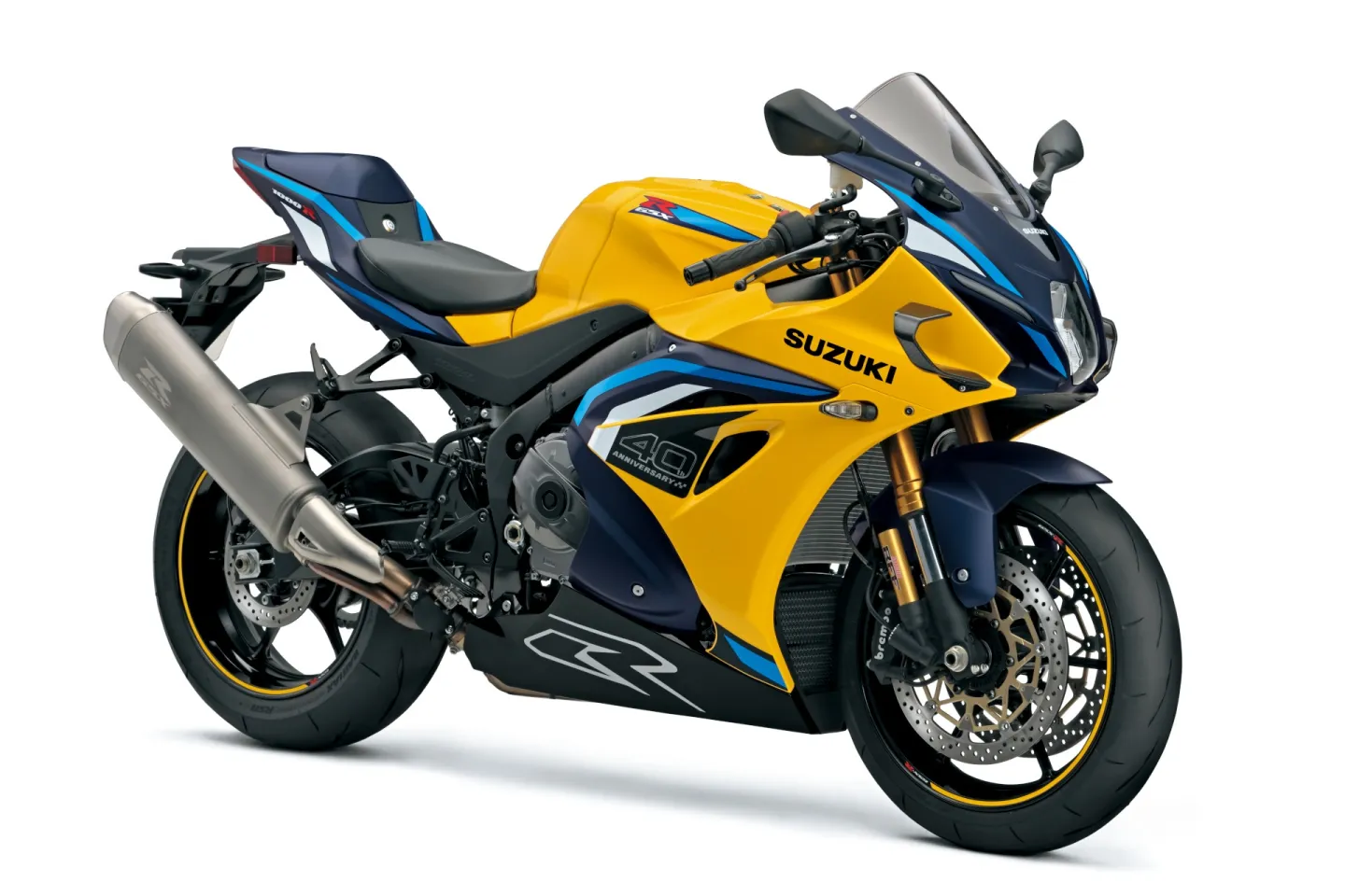 Suzuki GSXR1000R 2026 Pearl Ignite Yellow/Metallic Mat Stellar Blue : 3/4 avant droit