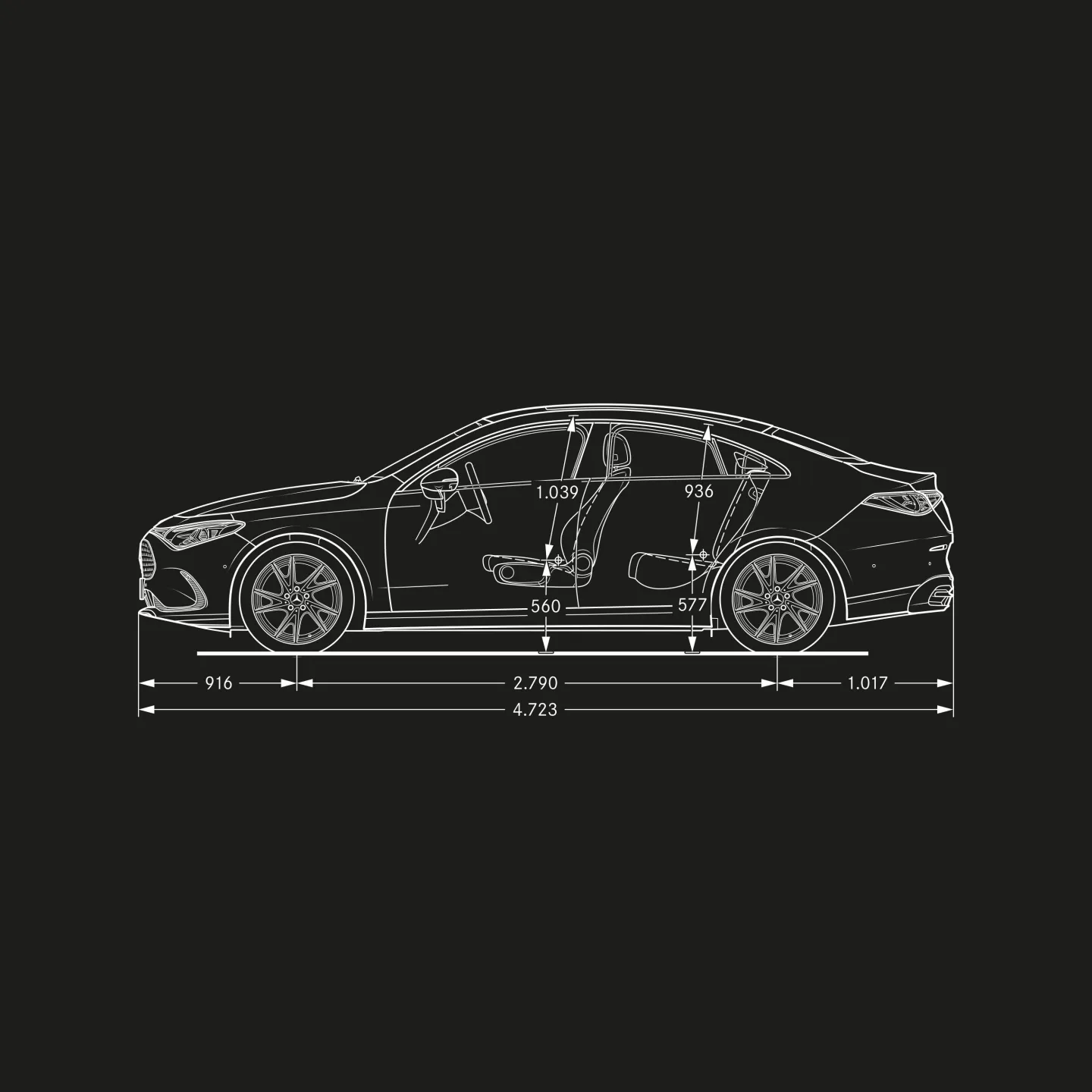 Schéma des dimensions du nouveau Mercedes CLA de profil