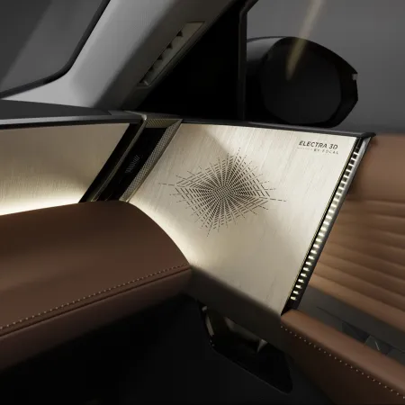 DS N°8 2025 : détail système hi-fi Electra 3D Focal avec intérieur cuir Nappa Brun Alezan