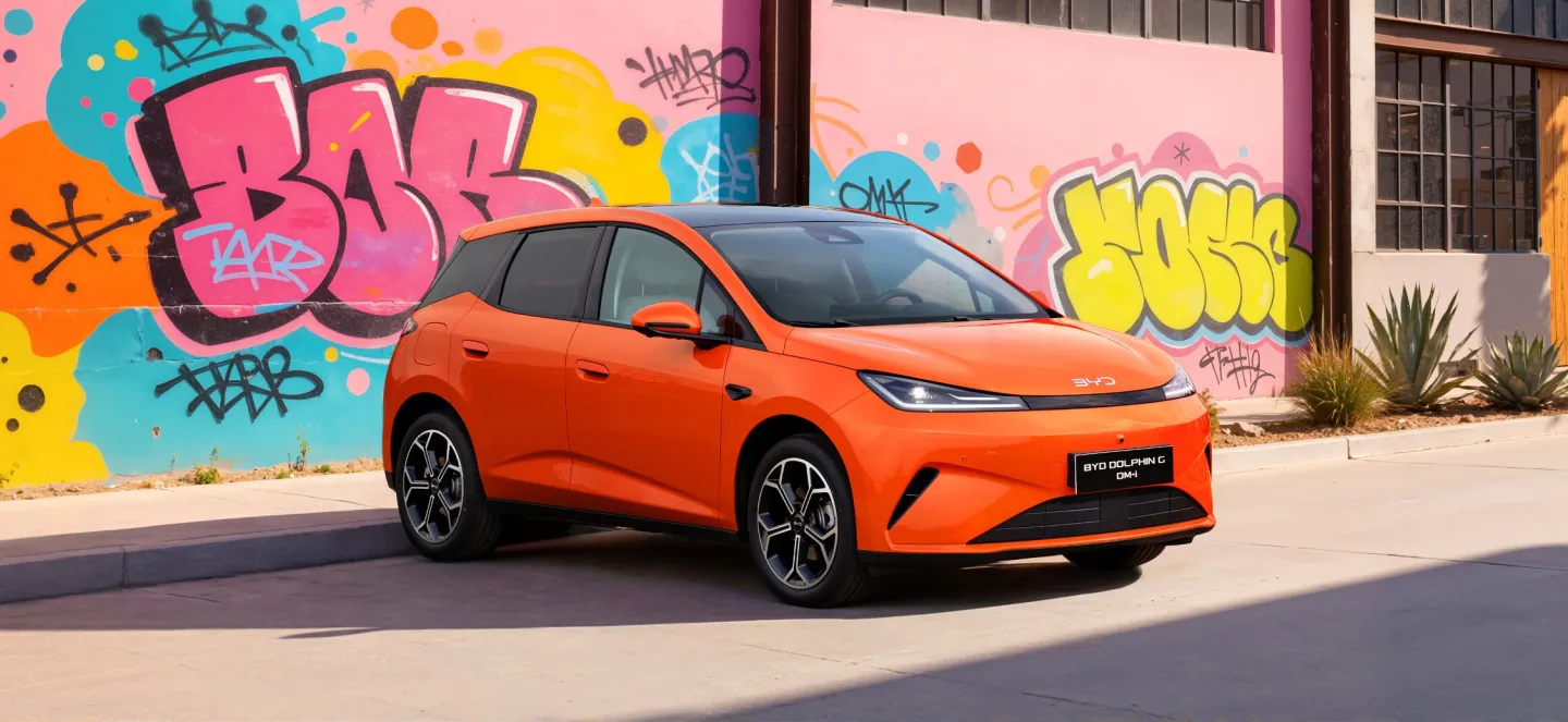 BYD Dolphin G DM-i 2026 : trois quarts avant droit statique devant mur rose